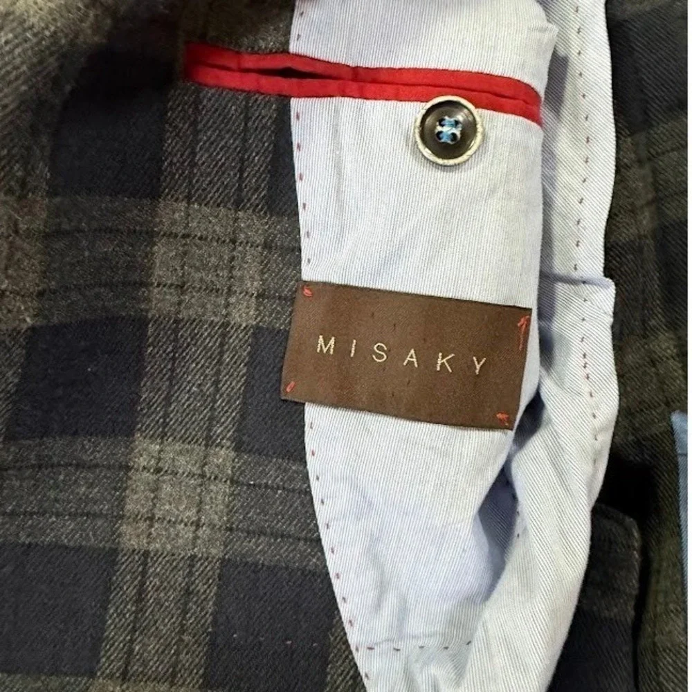 Misaky Mens Plaid Blazer Sport Coat Navy Blue Grey Wool Blend Size 52 IT US 42